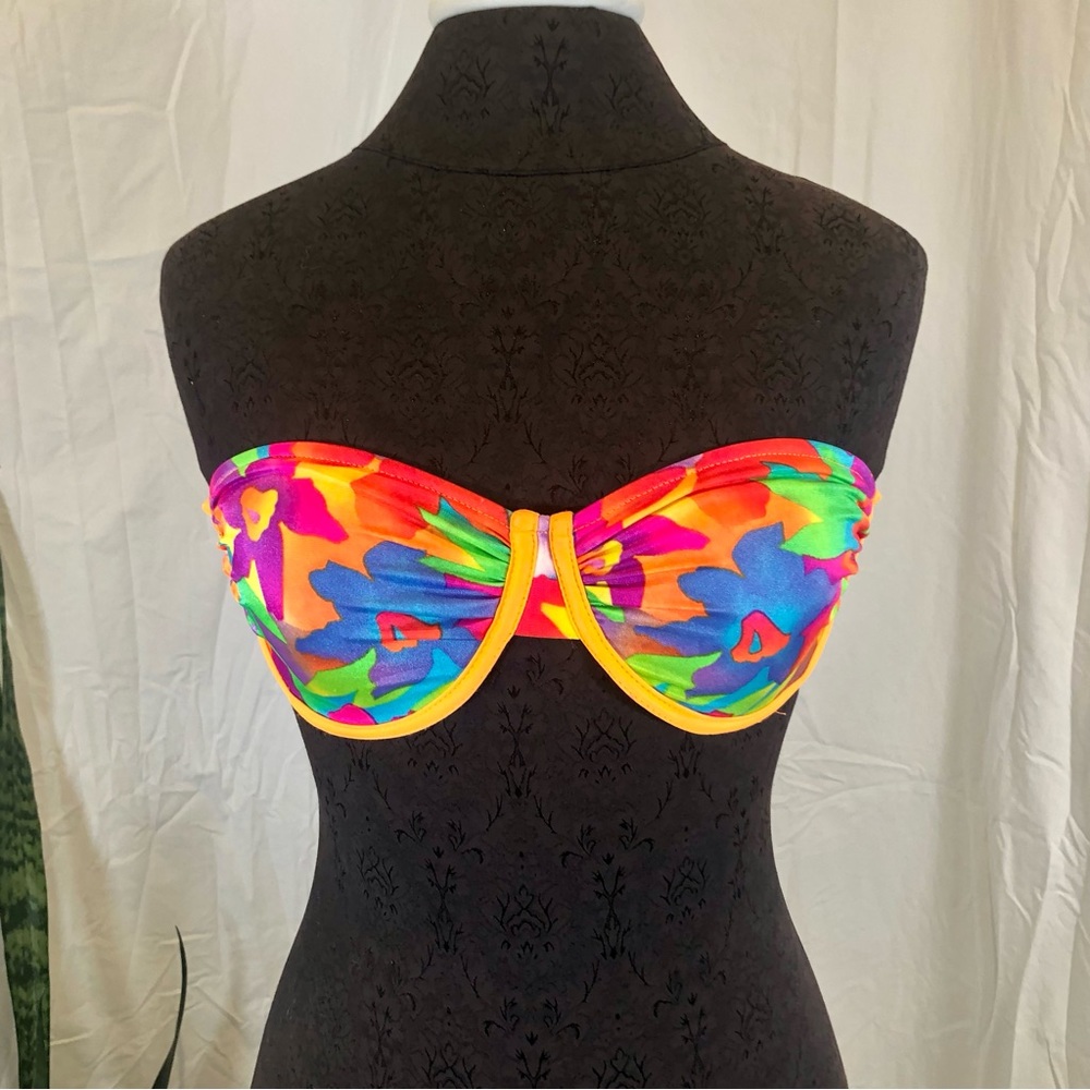 Vintage Dippers Neon Floral Print Strapless Bikini Top